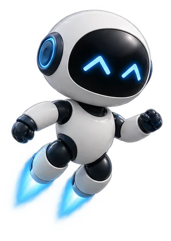 Stocky, ein kleiner weißer Roboter mit leuchtendem Visier, fliegt fröhlich mit seinem Jetpack.